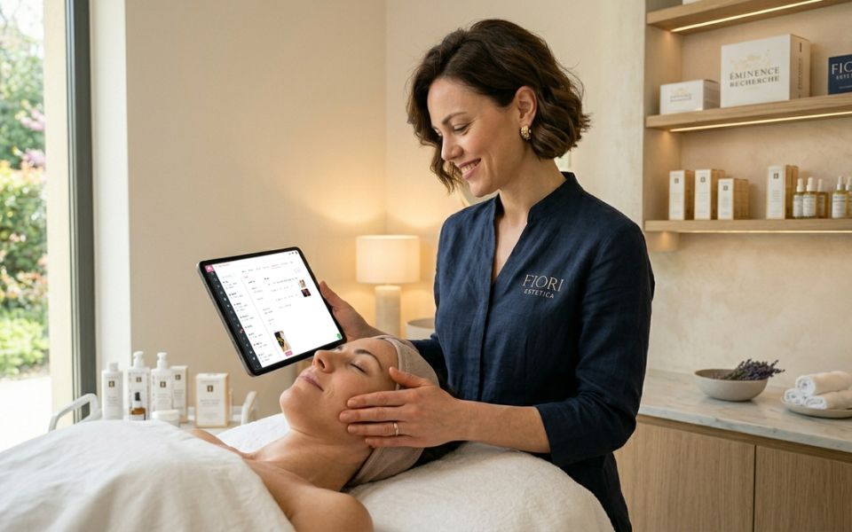 estetista in cabina con la cliente che usa il software beautycheck