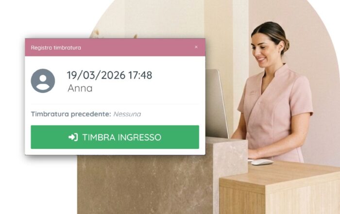 operatrice del centro estetico che timbra il suo ingresso da computer