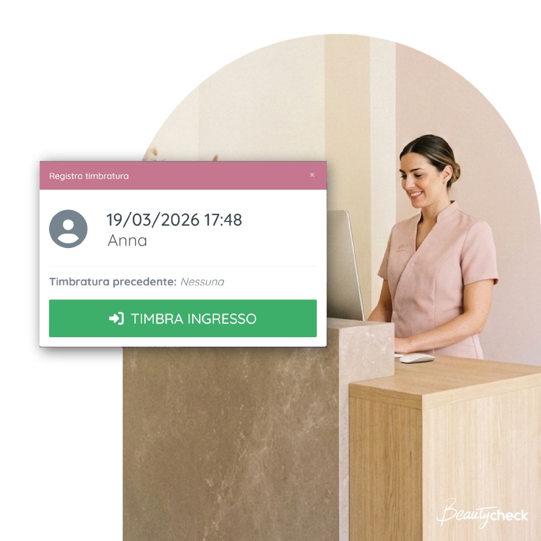 operatrice del centro estetico che timbra il suo ingresso da computer
